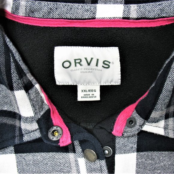 Women's Orvis Plaid Flannel Jacket Fleece Lining Button Snap Black White Sz 2XL - Picture 7 of 7